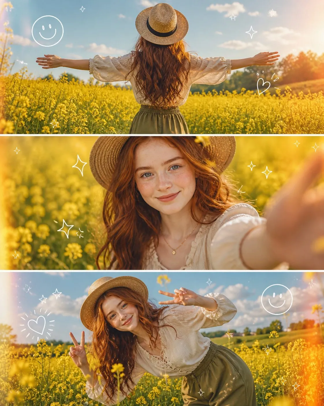 Dreamy Golden Flower Field 3-Panel Portrait