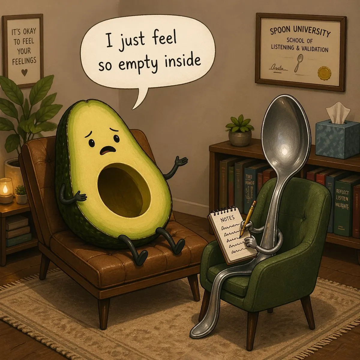 Humorous Avocado Therapy Cartoon Illustration