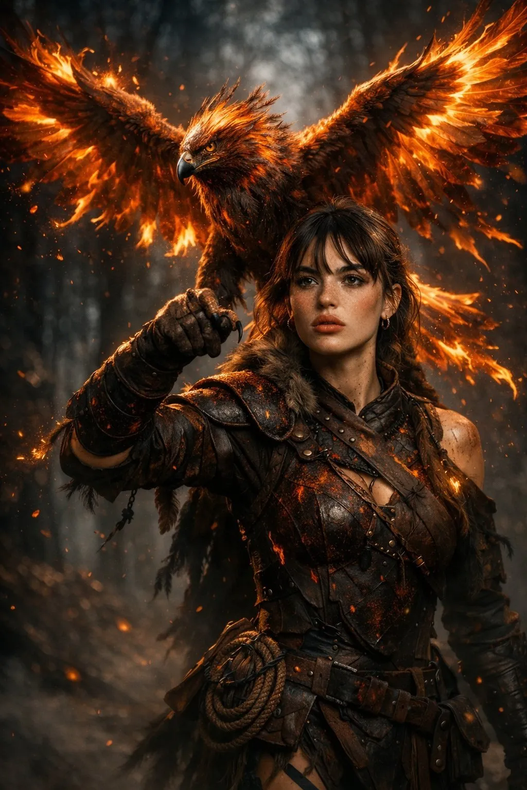 Epic Female Falconer with Blazing Phoenix