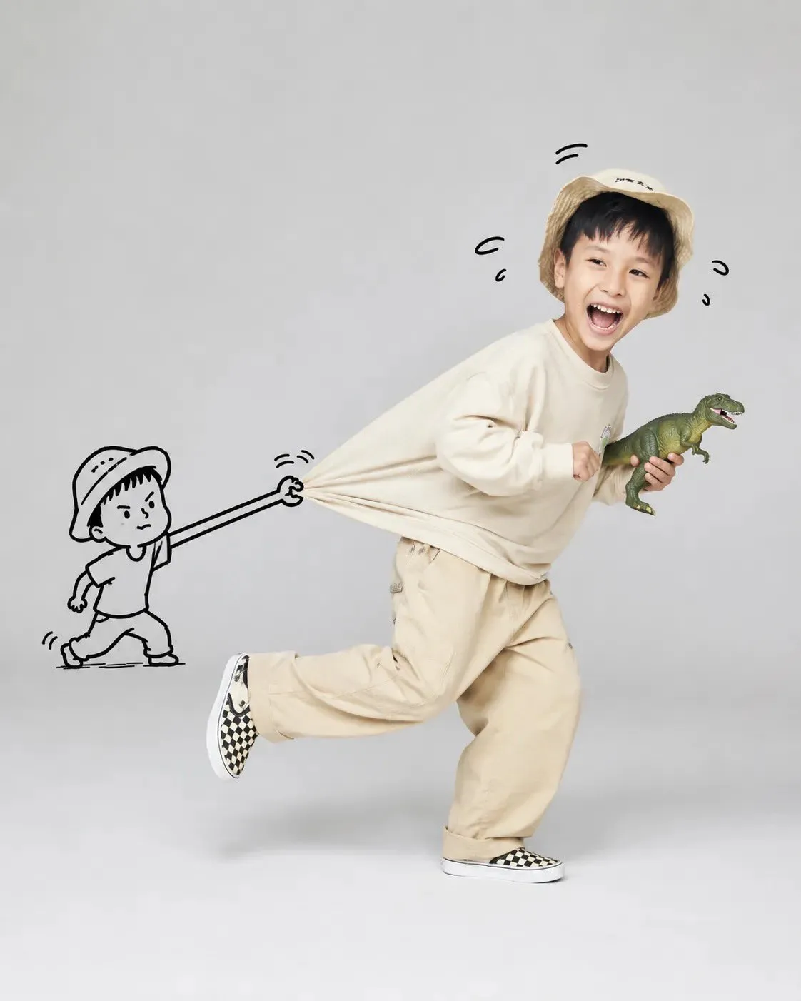 A playful, high-key studio portrait of subject running...