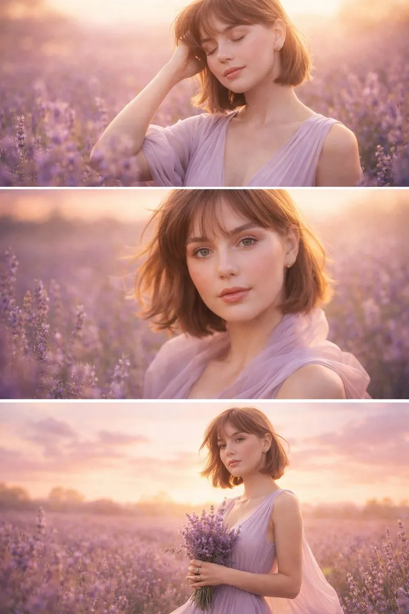 Dreamy Lavender Field Woman Triptych Portrait
