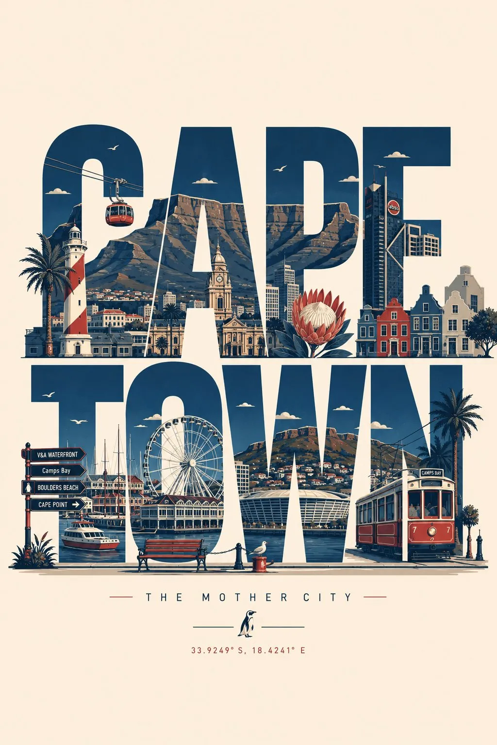 Create a clean, modern typographic travel poster where the...