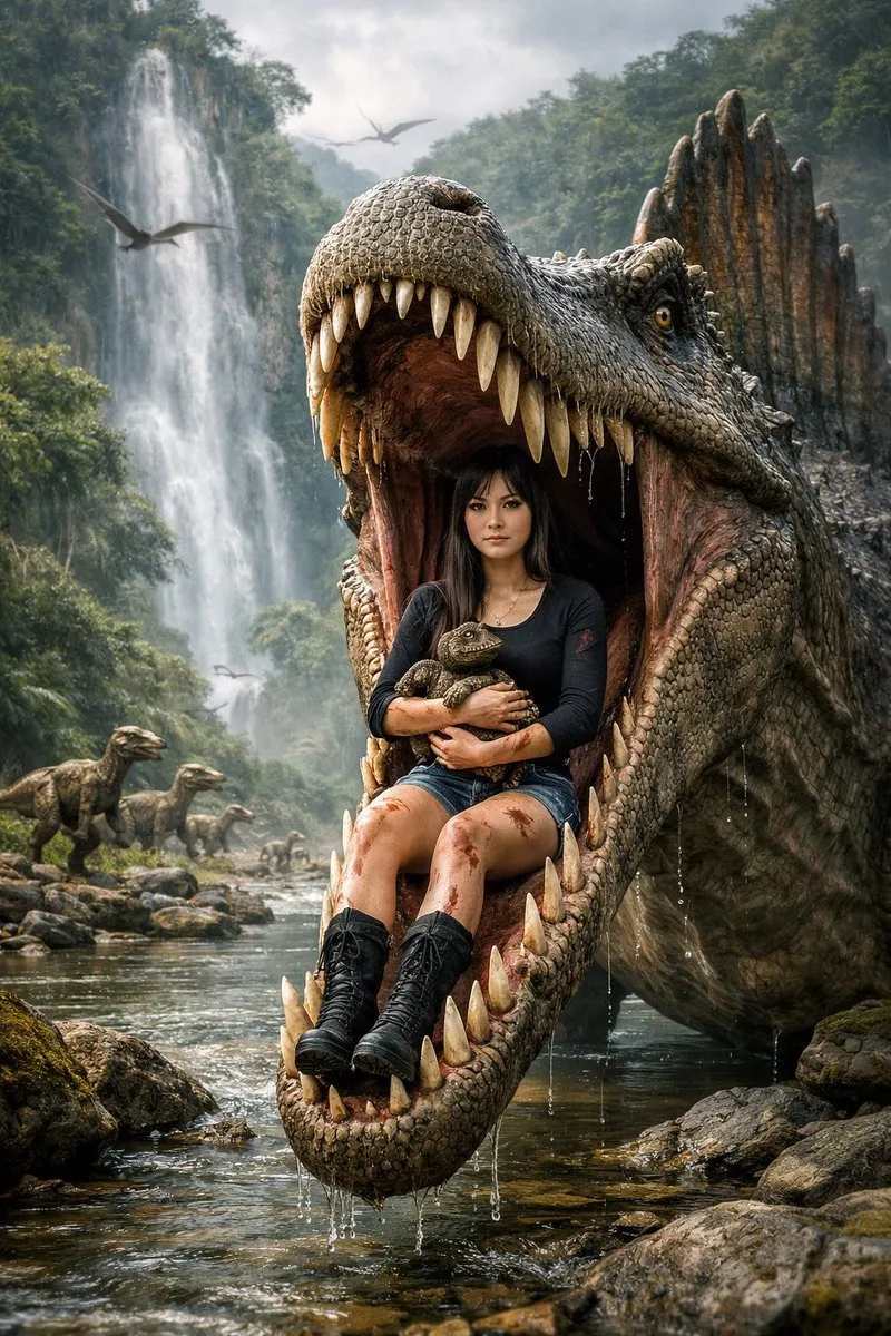 Epic Woman Riding in a Dinosaur Mouth