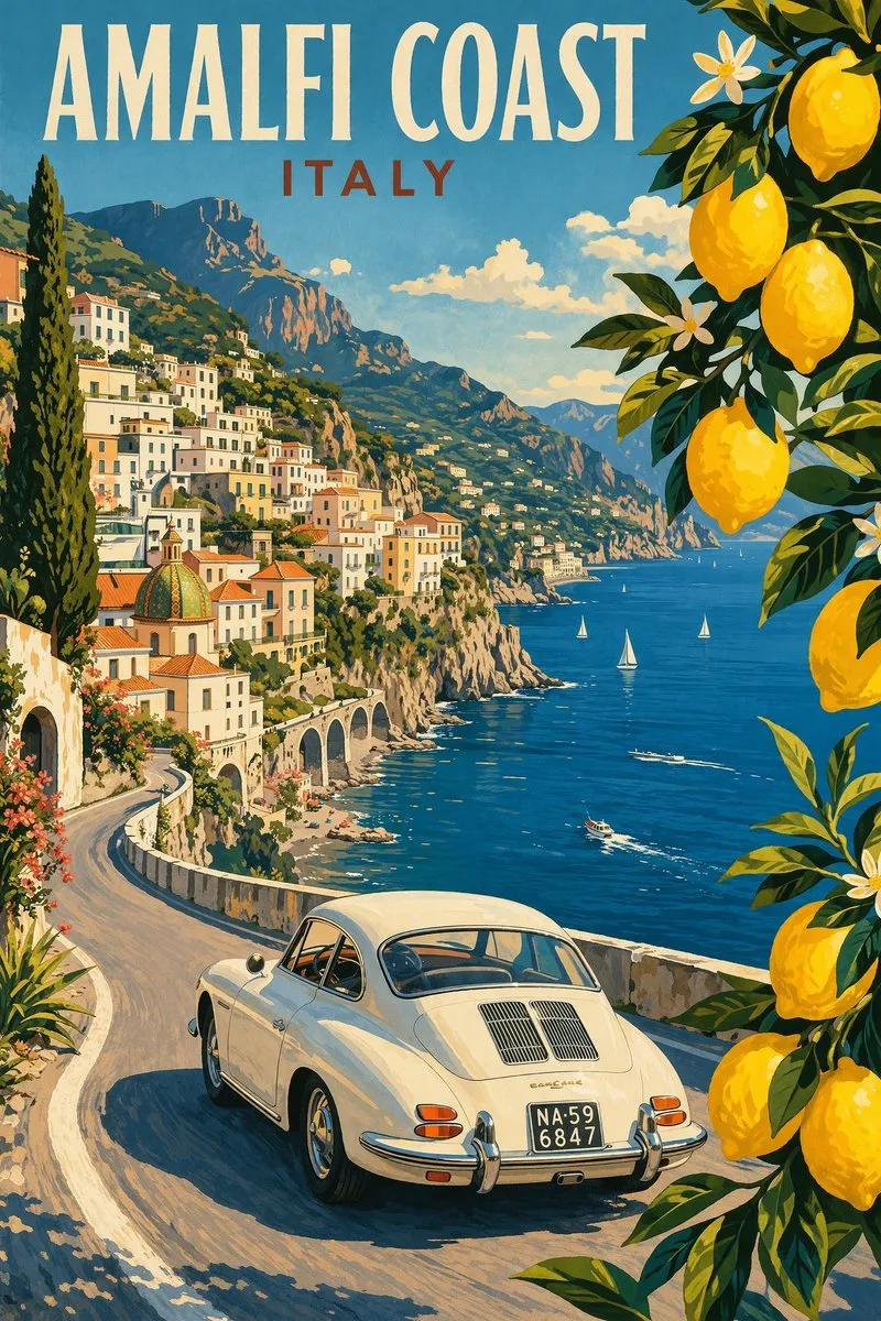 Vibrant Amalfi Coast Vintage Travel Poster