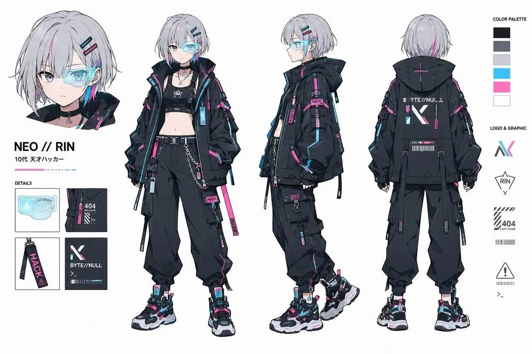 Cyberpunk Hacker Girl Character Design Sheet