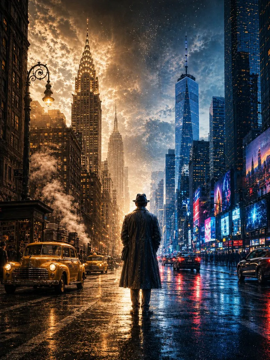 Cinematic and Vintage Headwear in Urban Setting