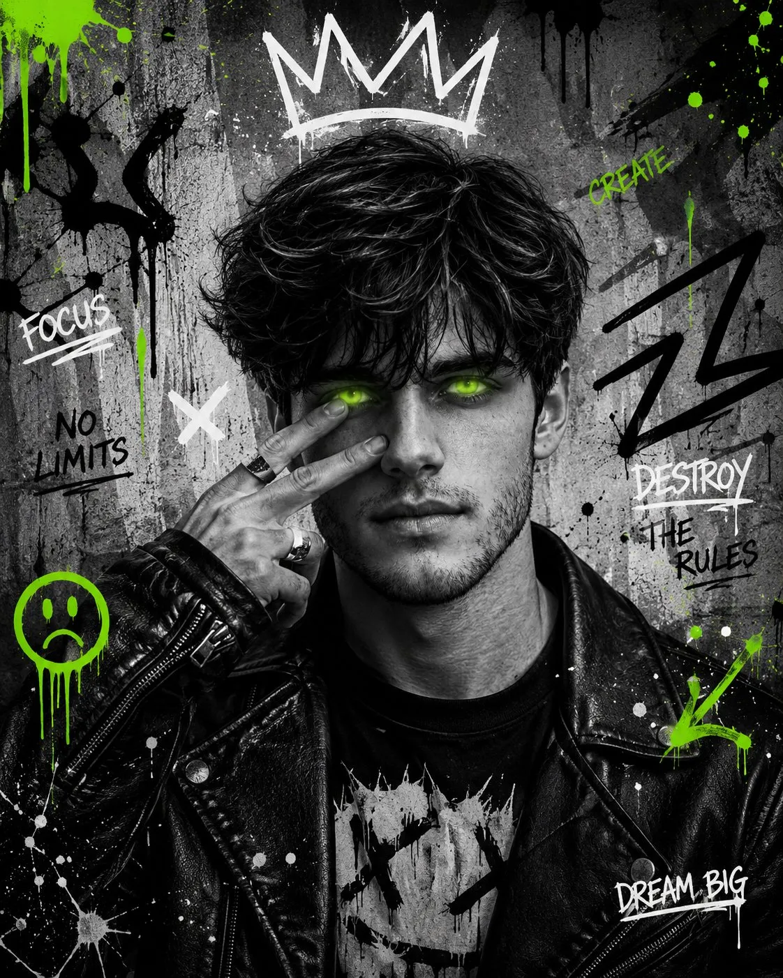 Edgy Neon-Eyed Urban Graffiti Portrait