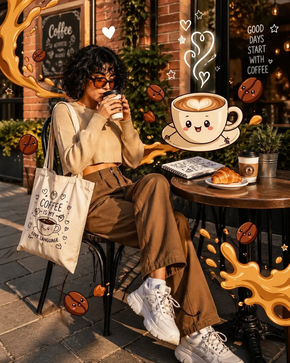 Playful Coffee Girl with Cartoon Overlay Portrait