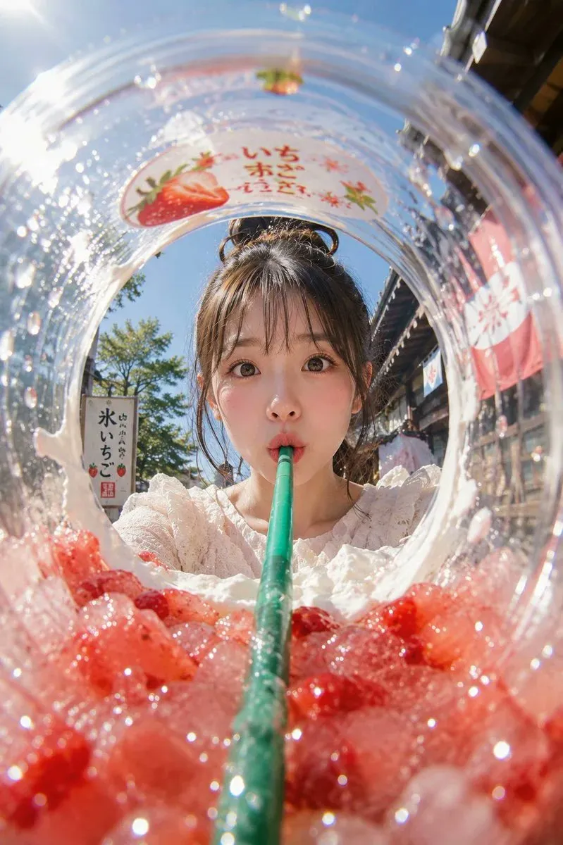 主題：
氷越しの夏

主体：
縦長2:3のリアル写真。透明な大型プラスチックカップの内側から見上げるような超広角フィッシュアイ構図