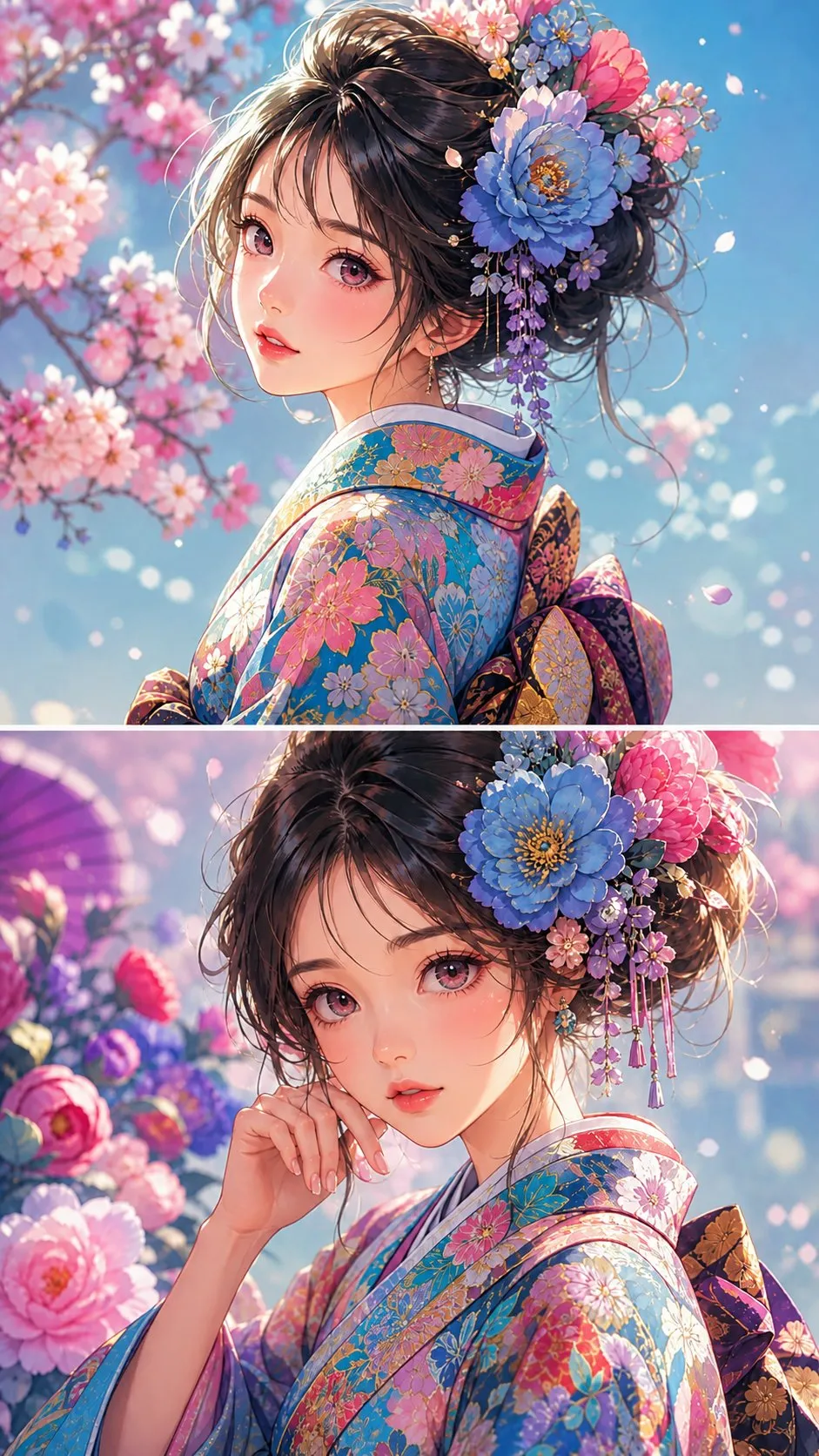 Dreamy Anime Girl in Floral Kimono Art