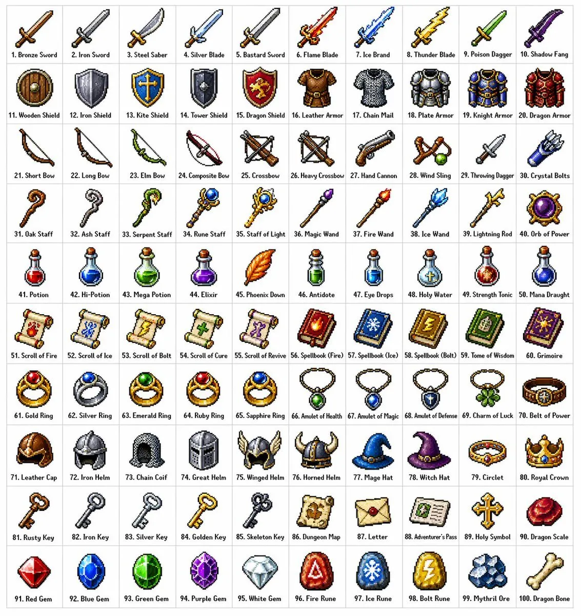 Retro Fantasy RPG 100-Item Pixel Grid