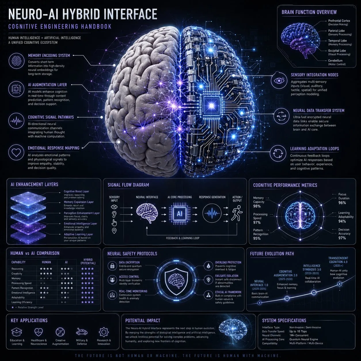 Futuristic Neuro-AI Brain Fusion Infographic