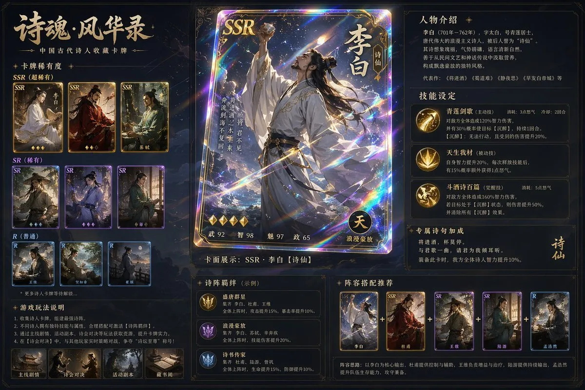 Premium Ancient Chinese Poet Game Card Set