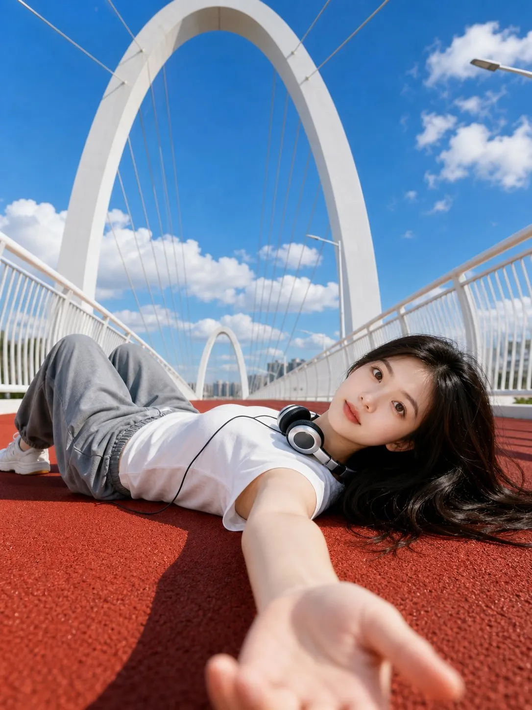 Cinematic Low-Angle Bridge Selfie Portrait