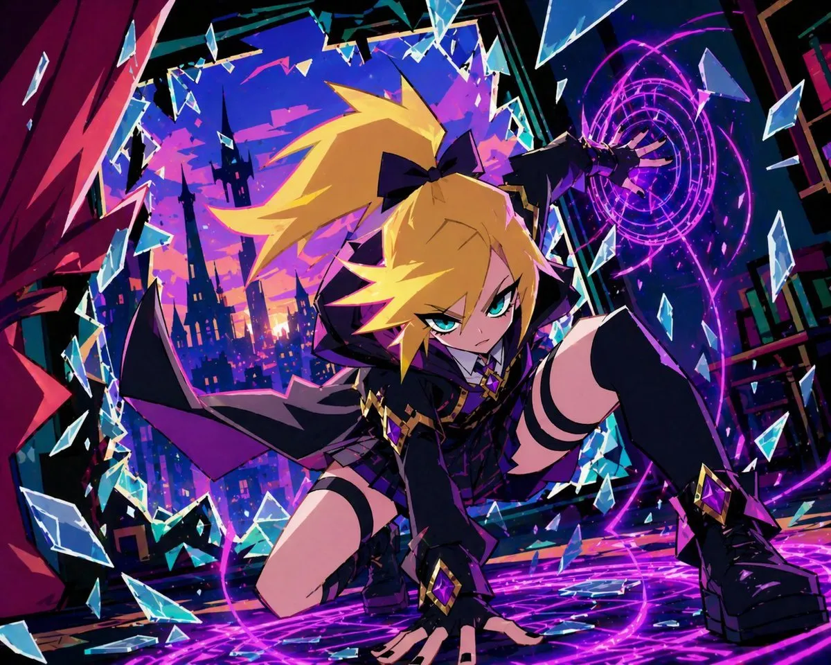 Dynamic Anime Girl Shattering Glass Barrier