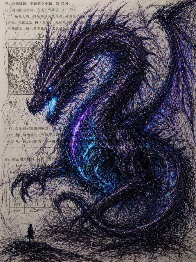 Colossal Dragon Scribble Art on Textbook