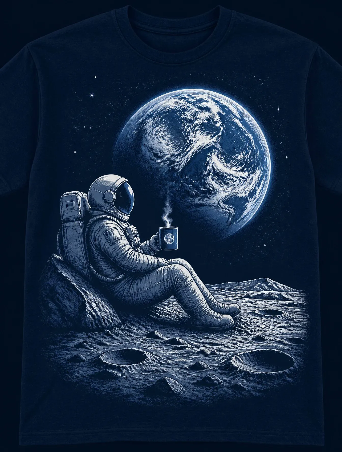 A graphic illustration centered on a dark navy blue t-shirt,...