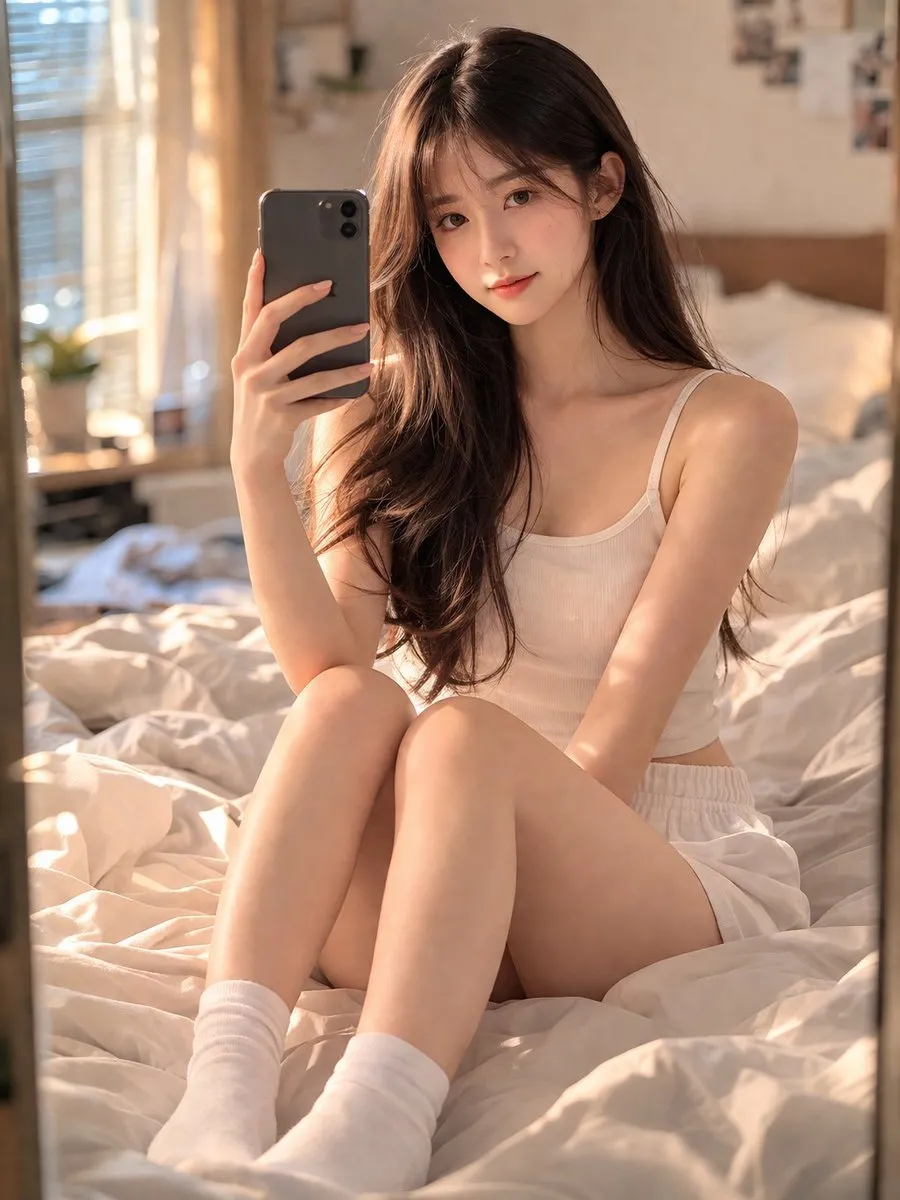 Intimate Chinese Girl Bedroom Mirror Selfie