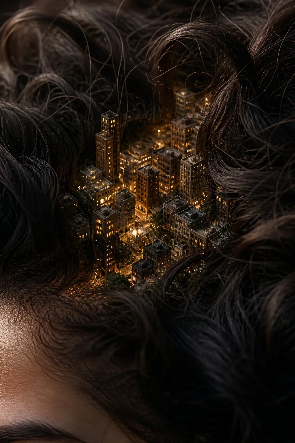Hyper-Realistic Miniature City Hidden in Hair