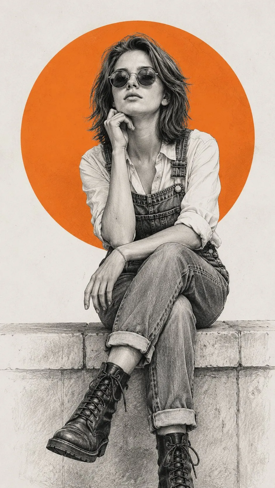 Chic Pencil-Sketch Portrait with Bold Orange Circle