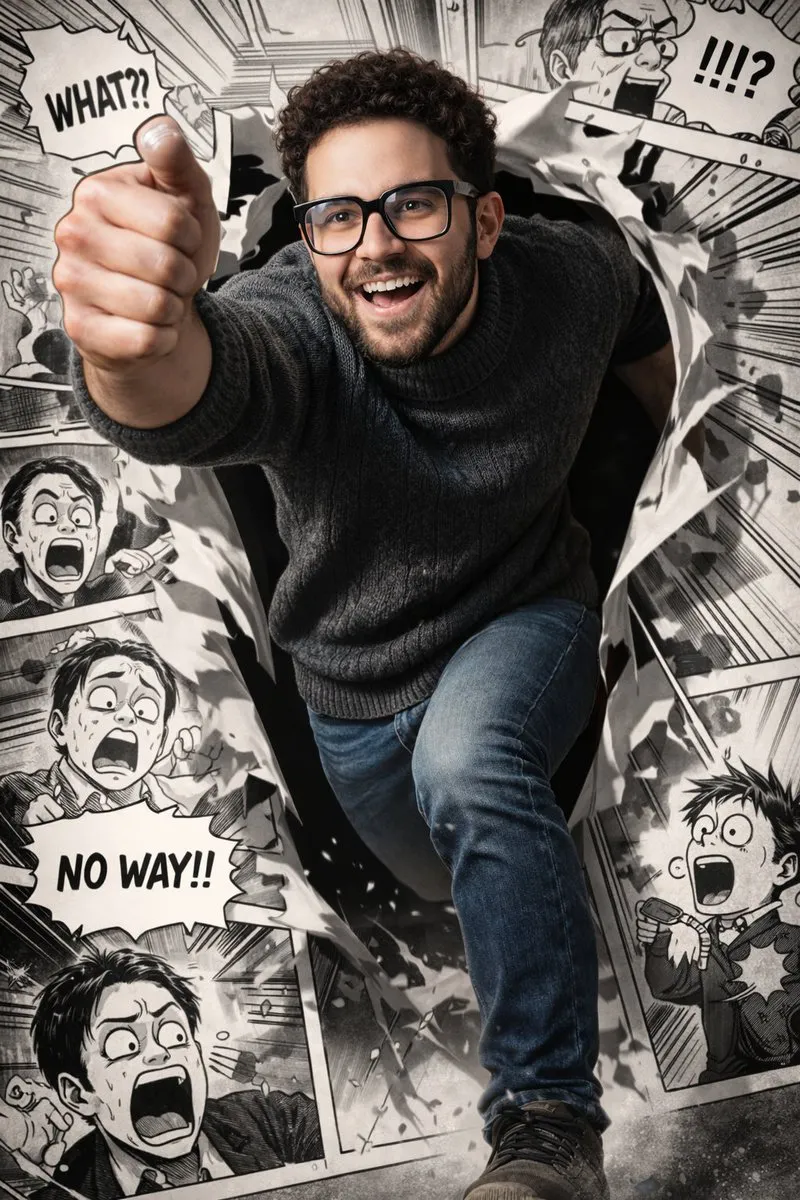 Dynamic Man Bursting Out of Manga Panels