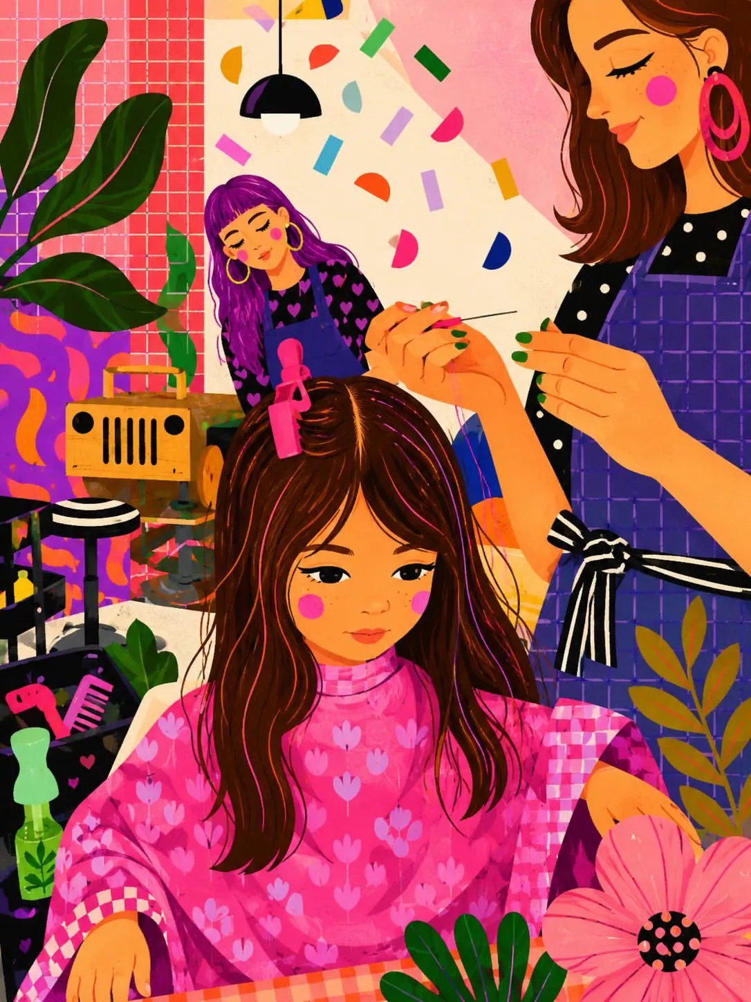 Whimsical Pastel Hair Salon Illustration