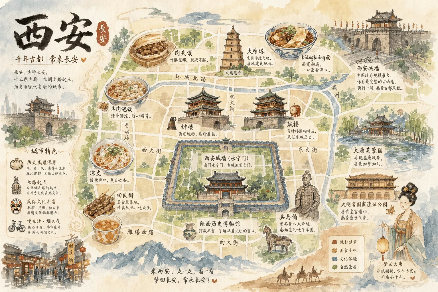Hand-Drawn Xi'an City Food and Landmark Map