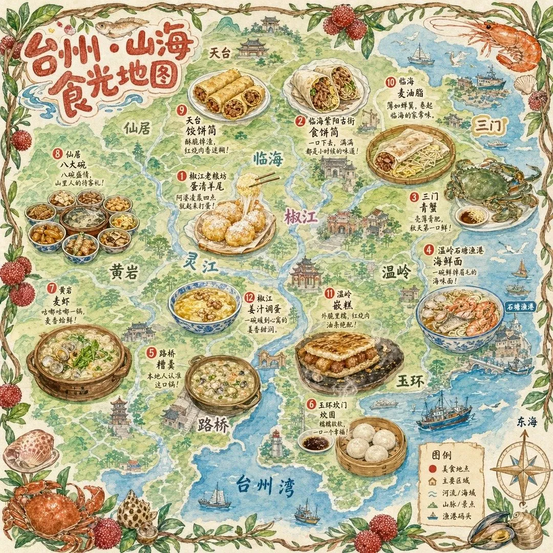 Watercolor Taizhou Seafood & Street Food Map
