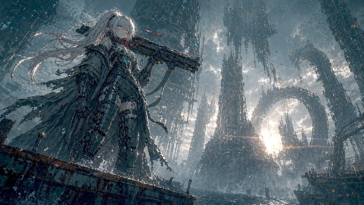 Cinematic Mecha Girl at Derelict Sea City