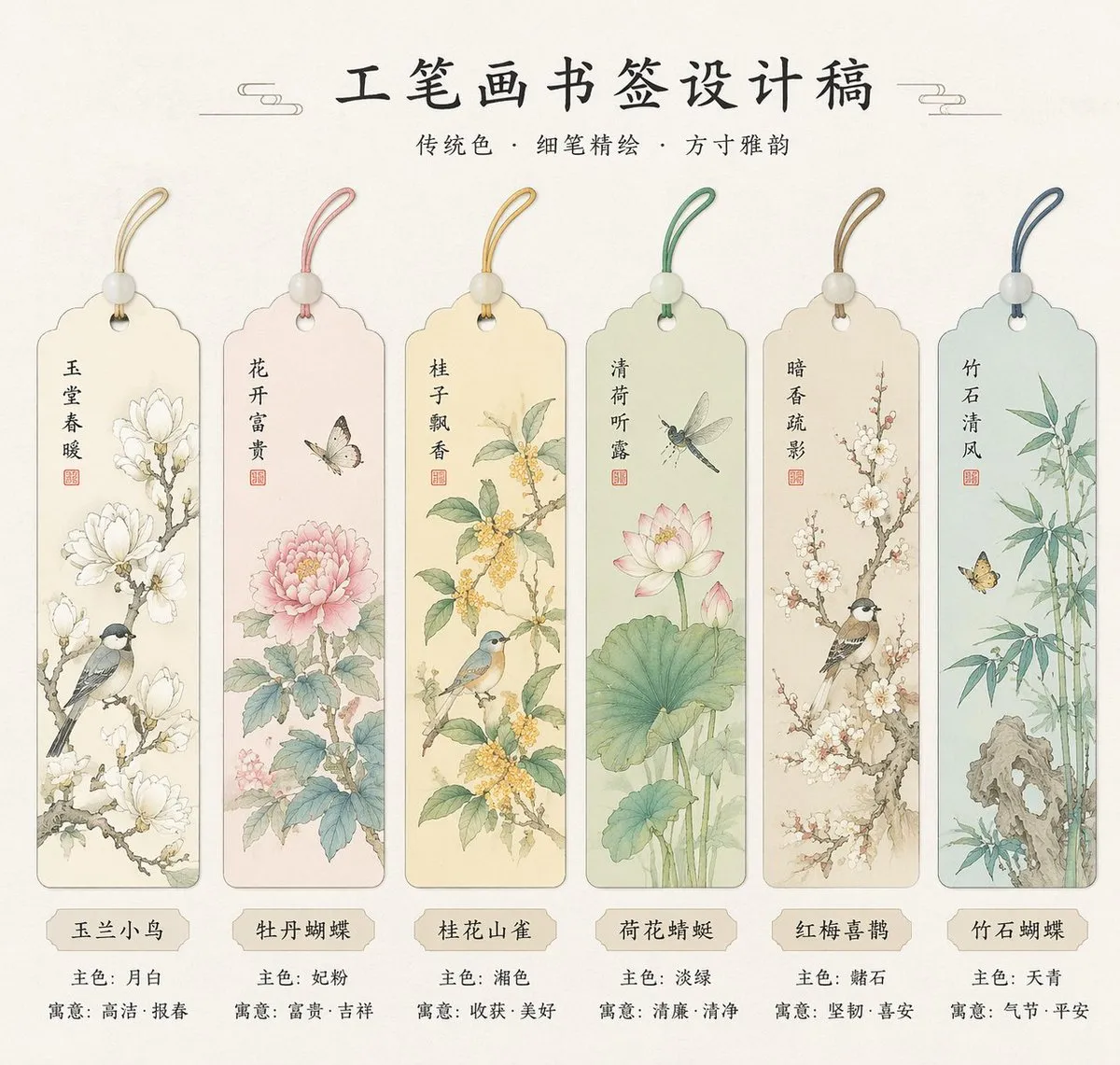 Delicate Gongbi Painting Bookmark Designs