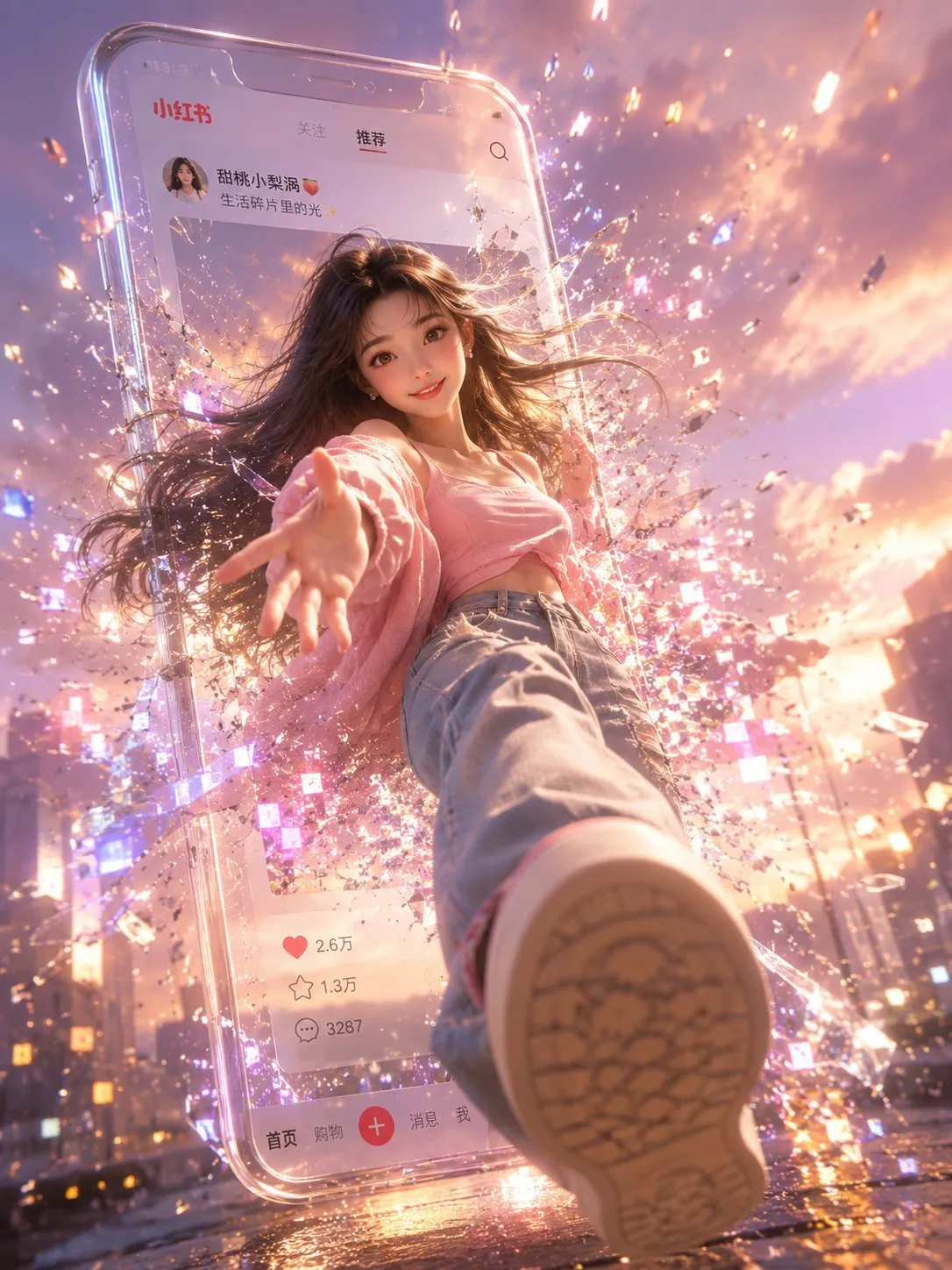 Dreamy 3D Girl Breaking Through Phone Screen