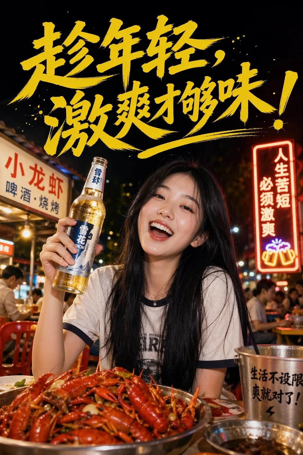 Vibrant Night Food Stall Beer Portrait