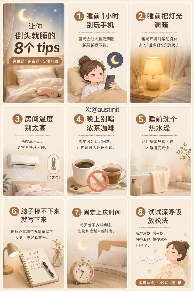 Clean Xiaohongshu 9-Grid Sleep Tips Infographic