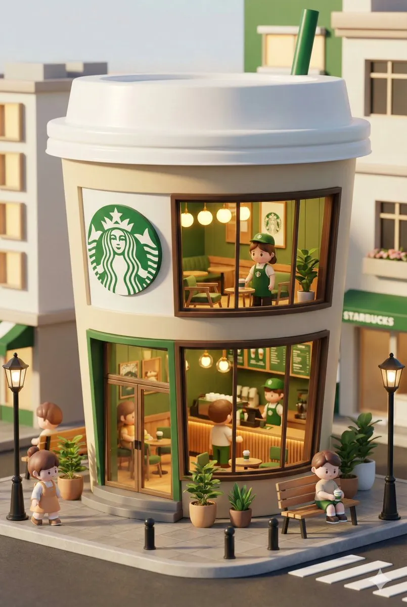 3D Render: Whimsical Miniature Starbucks Coffee Shop Scene