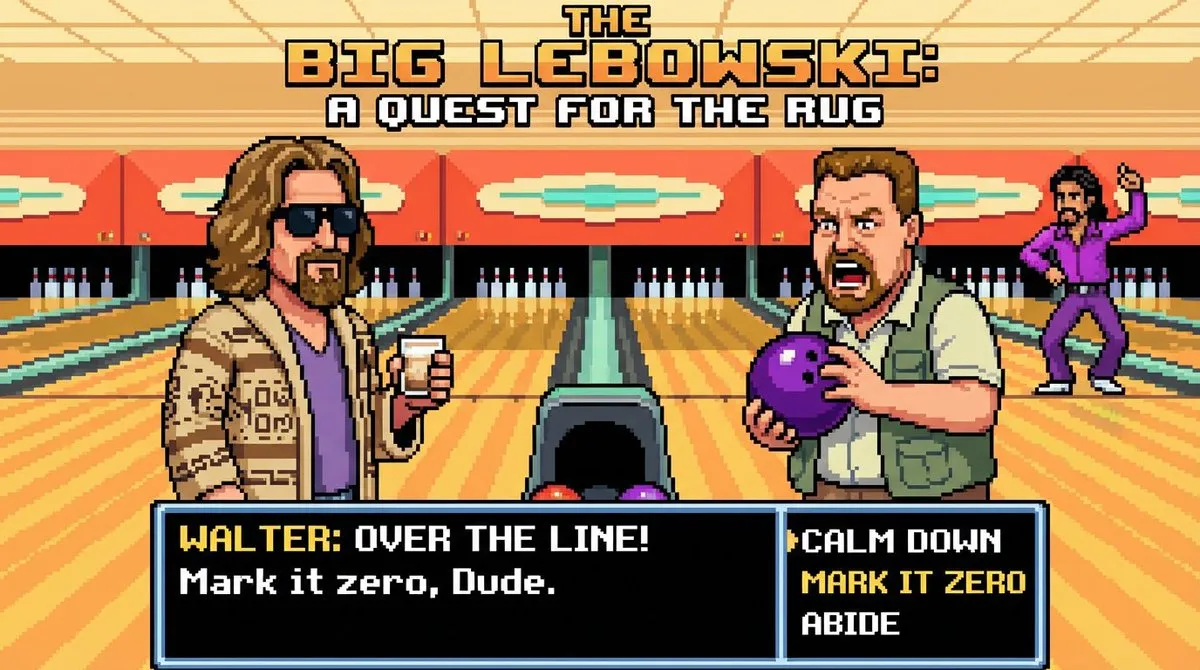 Big Lebowski Pixel Art: Dude, Walter, Retro Game Screen
