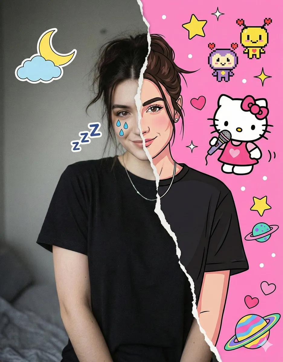 Anime & Photo Split Portrait: Playful Digital Art Woman