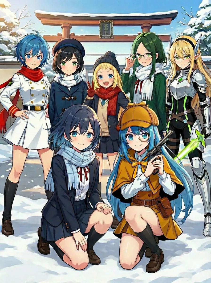 Anime Girls Winter Scene: Fantasy & Mystery Torii Gate