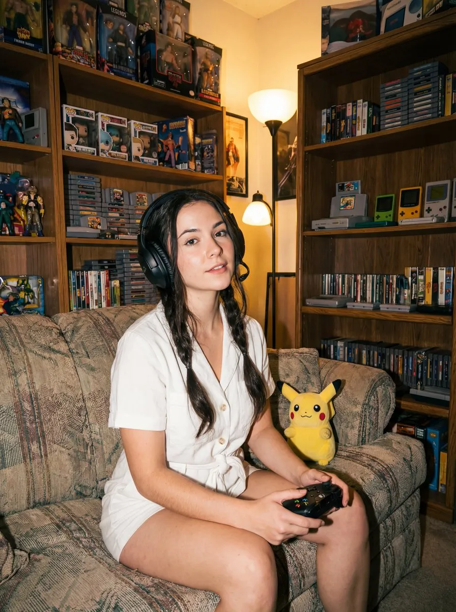 Gamer Girl with Retro Video Game Collection