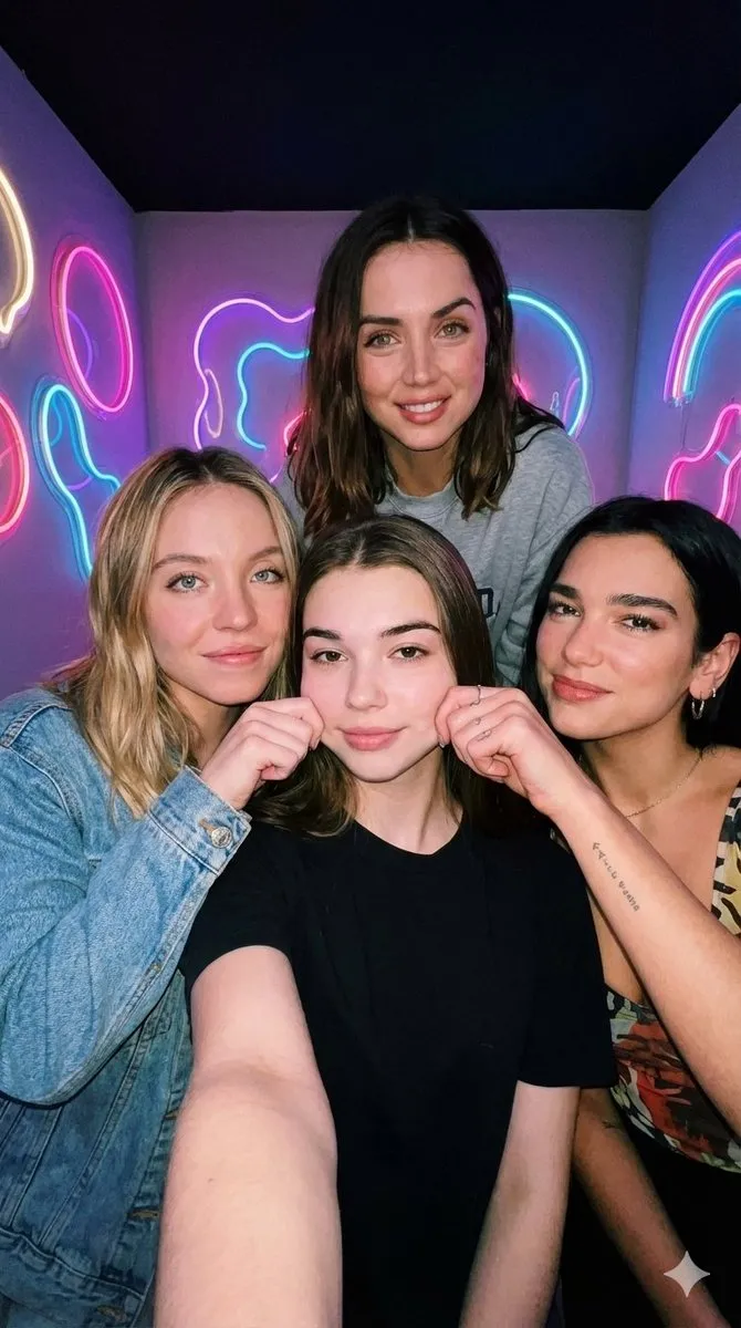 Vibrant Celebrity Group Portrait with Neon Lights