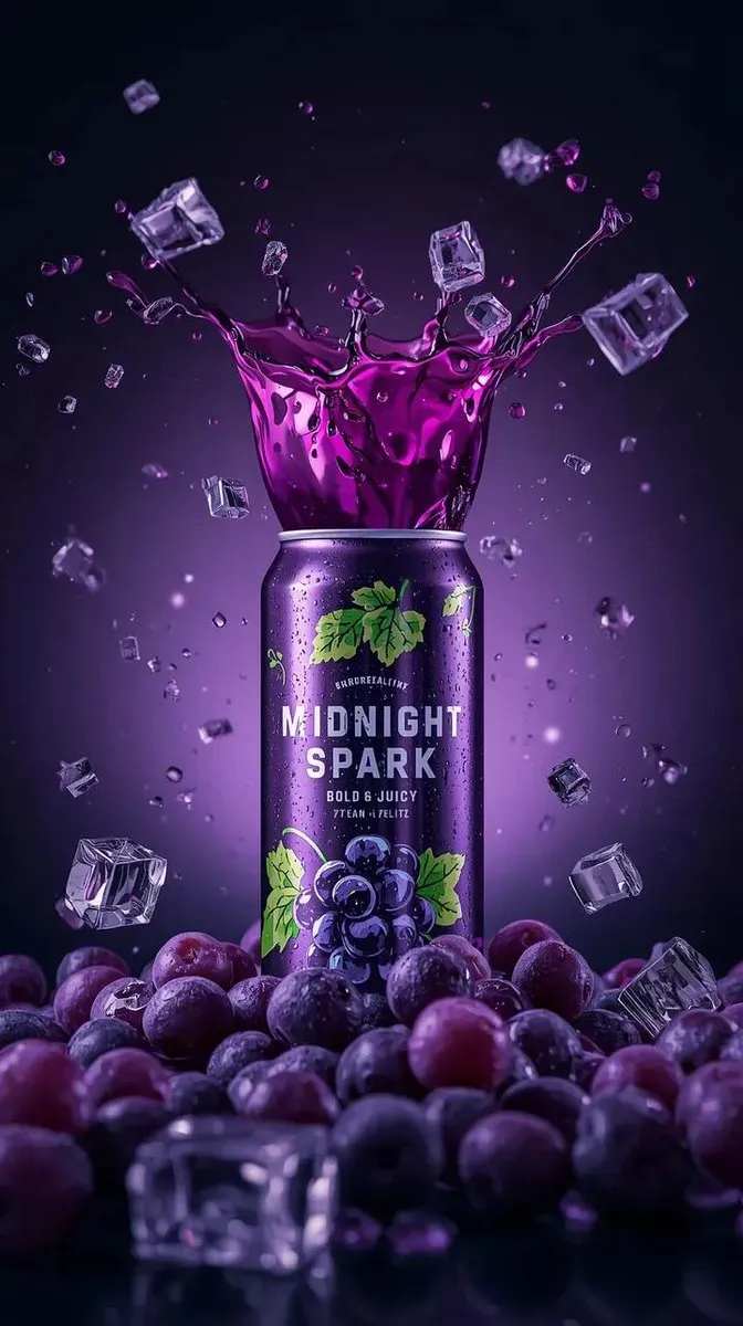 Midnight Spark Grape Soda Can: Refreshing Product Photo