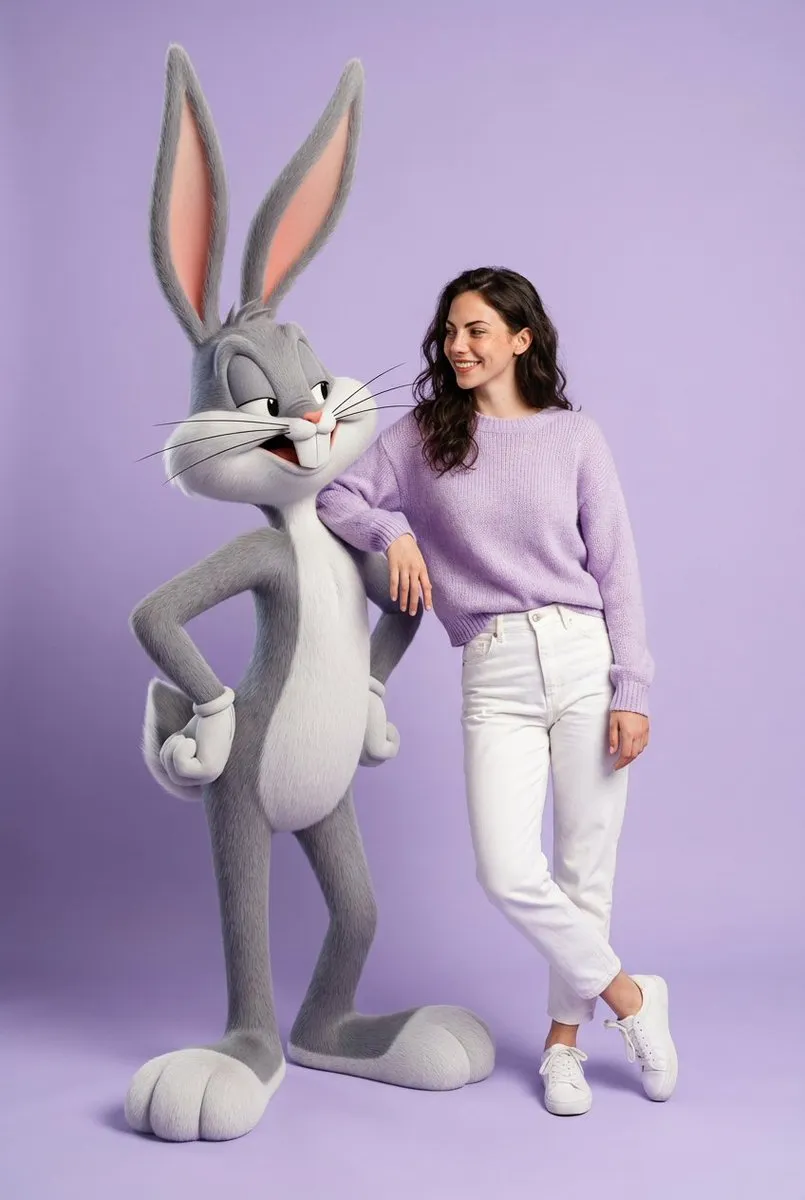 Cheerful Portrait of Woman with Bugs Bunny on Purple