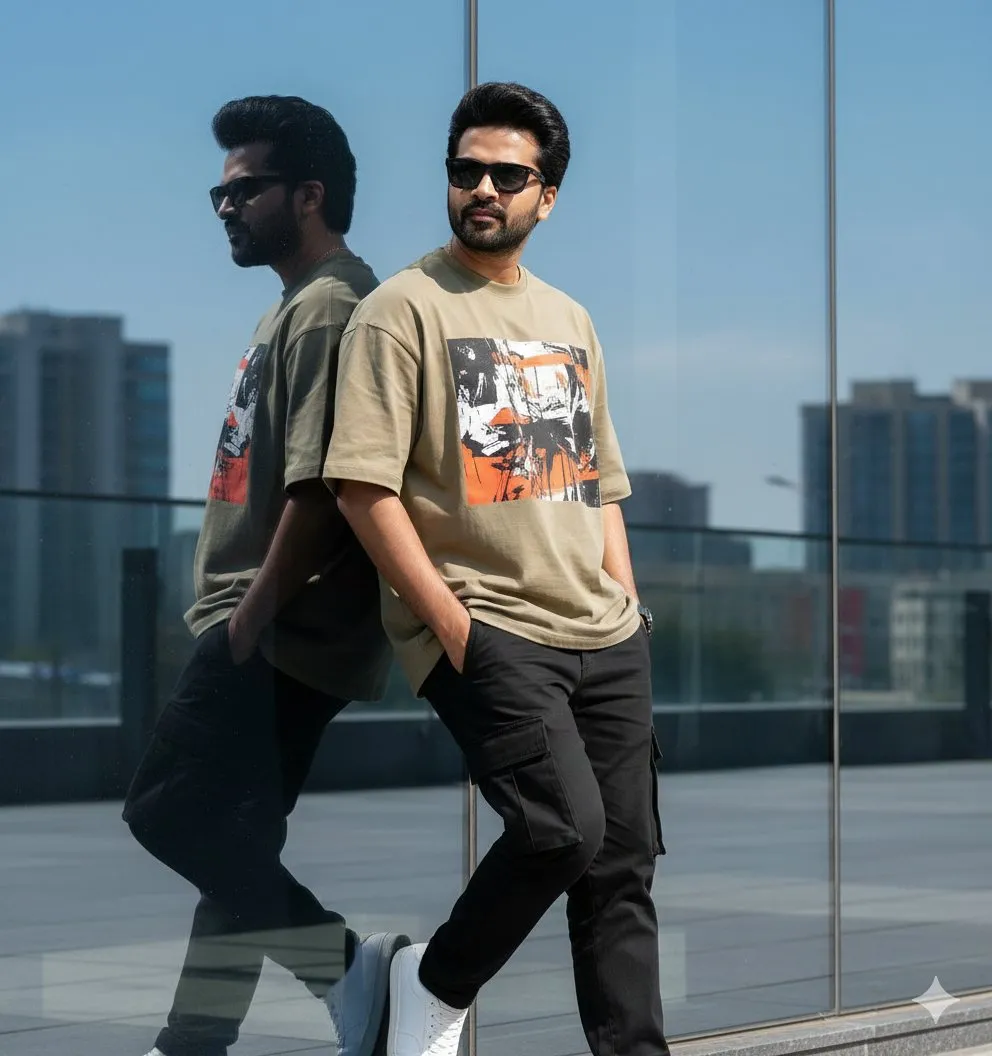 Man in Street Fashion: Urban Style, Cargo Pants & Graphic Tee