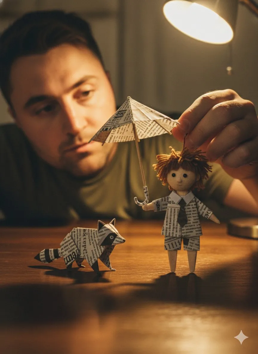 Man with Handcrafted Paper Art: Origami & Miniature Doll