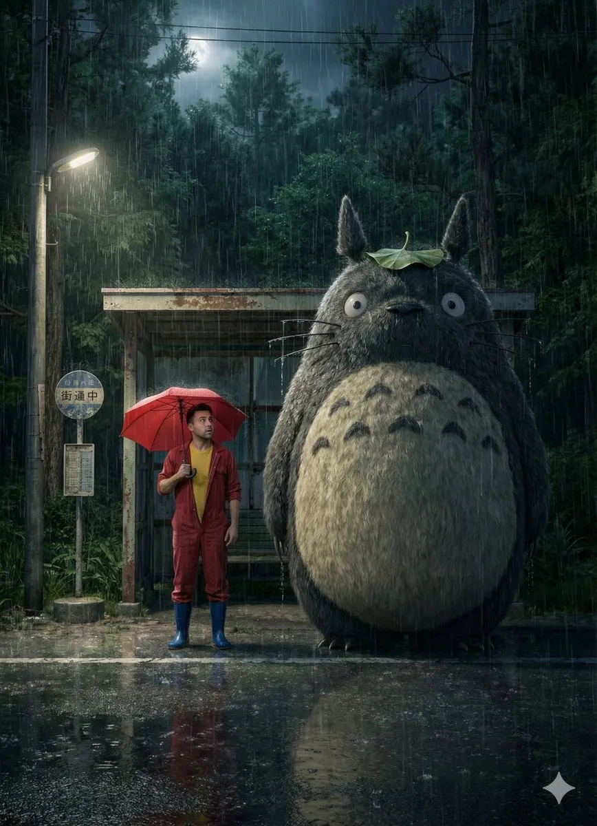 Totoro & Man at Rainy Bus Stop - My Neighbor Totoro Art