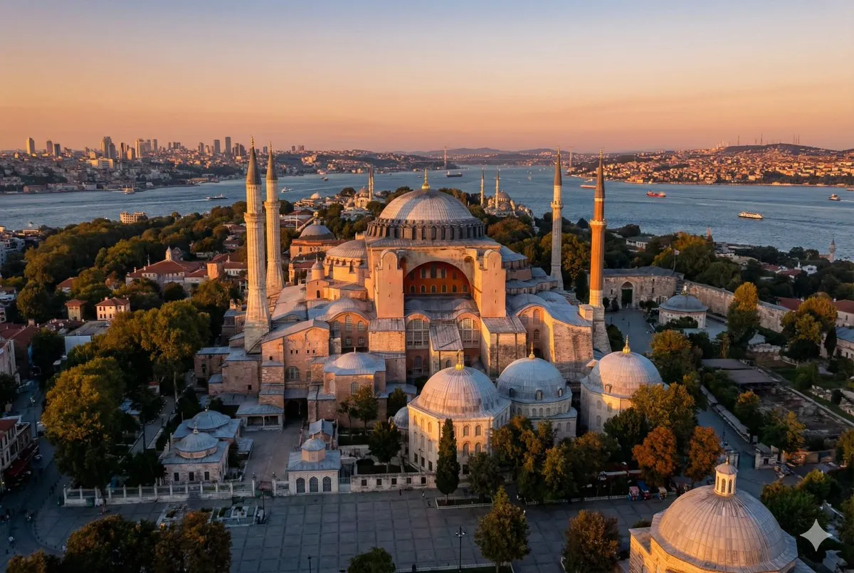 Hagia Sophia Istanbul Aerial Golden Hour Cityscape Bosphorus
