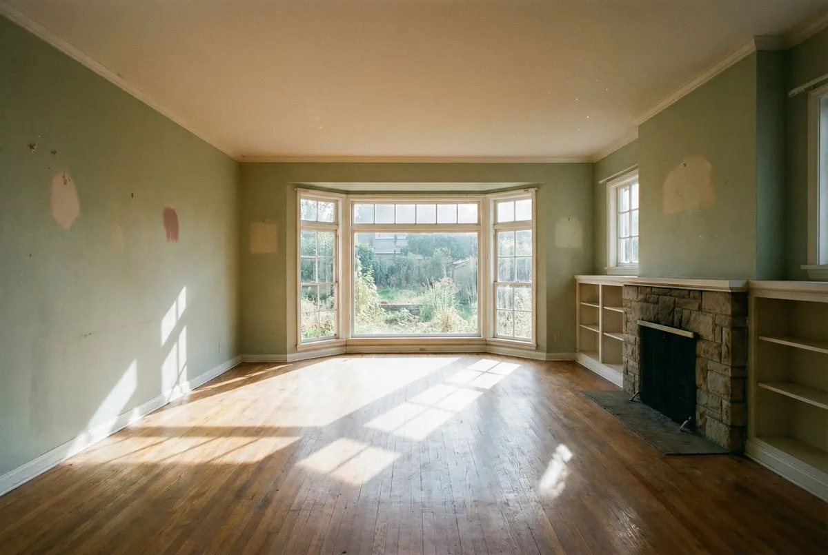 Empty Living Room with Bay Window & Hardwood Floor