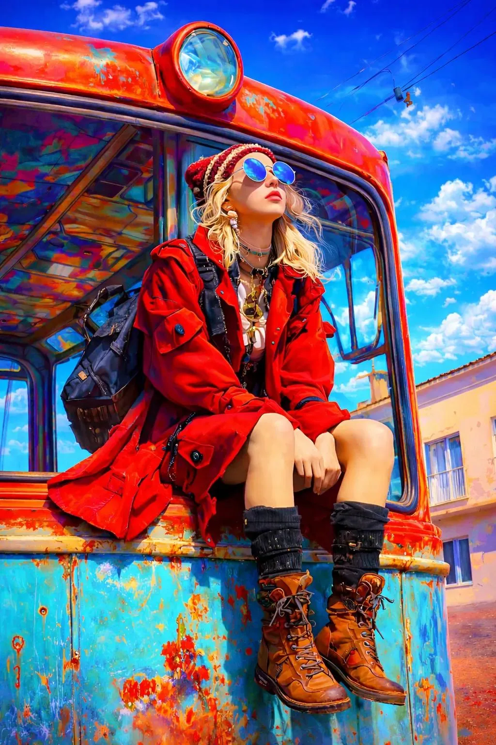 Cinematic Vintage Bus Fashion Travel Portrait