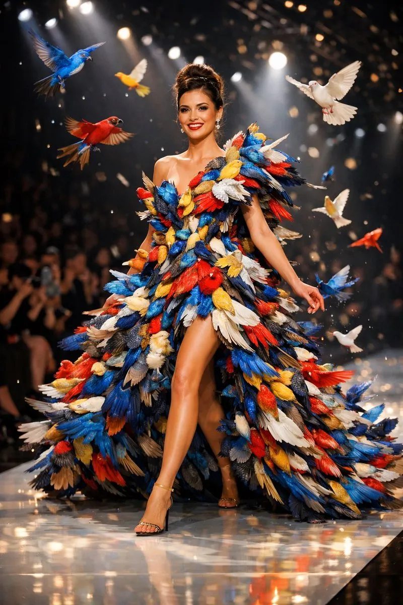 Whimsical Bird Couture Runway Fashion Scene