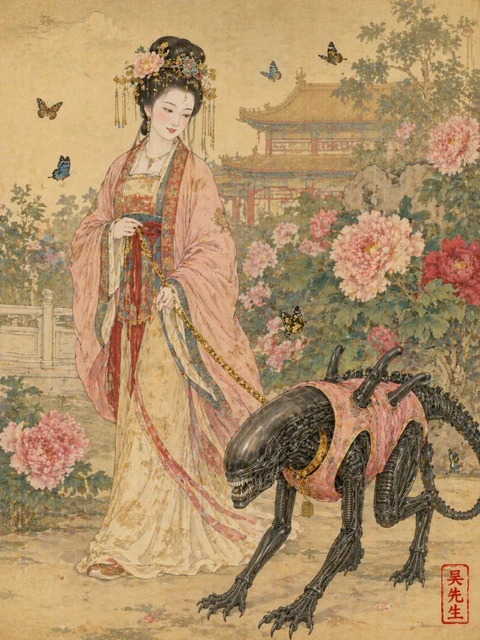 Tang Lady Walking Alien Monster Gongbi Art