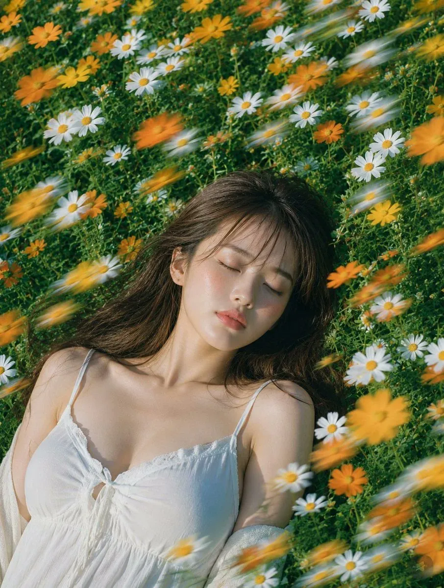 主題：
花風のまどろみ

主体：
縦長4:5の写真風ポートレート。白と黄色のマーガレット、オレンジ色の小花が密に咲く夏の草花畑に、